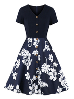 Vintage Kleider mit Printmuster Dunkelmarineblau Polyester Rockabilly kleid Kurzarm V-Ausschnitt knielang