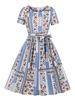 Vintage Kleider mit Printmuster Hellschiefergrau und Gürtel Rockabilly kleid Polyester Kurzarm und Rundkragen knielang