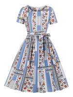Vintage Kleider mit Printmuster Hellschiefergrau und Gürtel Rockabilly kleid Polyester Kurzarm und Rundkragen knielang