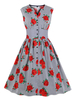 Vintage Kleider mit Printmuster marineblau und Knöpfen Rockabilly kleid Polyester ärmellos V-Ausschnitt knielang