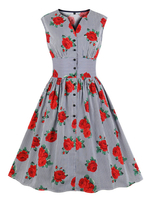 Vintage Kleider mit Printmuster marineblau und Knöpfen Rockabilly kleid Polyester ärmellos V-Ausschnitt knielang