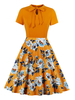 Vintage Kleider mit Printmuster Orange geknotet Rockabilly kleid Polyester Kleider Kurzarm Schmückender Kragen