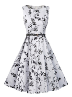 Vintage Kleider mit Printmuster Weiß und Gürtel Rockabilly kleid gemischten Baumwollen ärmellos und Rundkragen