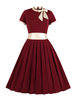 Vintage Kleider mit Schleife Burgunderrot und Schnüren Rockabilly kleid Polyester Kleider Kurzarm Schmückender Kragen und Falten mittellang