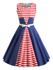Vintage Kleider mit Streifen 50er jahre mode Blau und Schleife Rockabilly kleid gemischten Baumwollen Kleider ärmellos und Rundkragen Damenmode