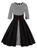 Vintage Kleider mit Streifen 50er jahre mode Schwarz und Knöpfen Rockabilly kleid gemischten Baumwollen Kleider 3/4 Ärmel und Rundkragen Damenmode