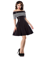 Vintage Kleider mit Streifen 50er jahre mode Schwarz und Knöpfen Rockabilly kleid Polyester Kleider 1/2 Ärmel und Carmenausschnitt