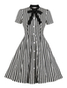 Vintage Kleider mit Streifen 50er jahre mode Schwarz und Schleife Rockabilly kleid Baumwolle Kleider Kurzarm und Stehkragen Damenmode für Sommer