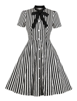 Vintage Kleider mit Streifen 50er jahre mode Schwarz und Schleife Rockabilly kleid Baumwolle Kleider Kurzarm und Stehkragen Damenmode für Sommer