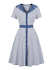 Vintage Kleider mit Streifen Blaugrün und Knöpfen Rockabilly kleid Polyester Kurzarm V-Ausschnitt knielang