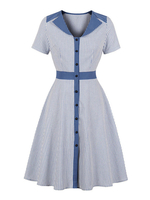 Vintage Kleider mit Streifen Blaugrün und Knöpfen Rockabilly kleid Polyester Kurzarm V-Ausschnitt knielang