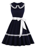 Vintage Kleider mit Streifen Dunkelblau und Reißverschluss Rockabilly kleid Polyester ärmellos V-Ausschnitt mittellang