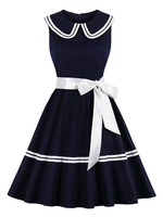 Vintage Kleider mit Streifen Dunkelblau und Reißverschluss Rockabilly kleid Polyester ärmellos V-Ausschnitt mittellang