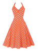 Vintage Kleider Orange mit Polka-Tupfen 50er jahre mode Rockabilly kleid und Schnüren ärmellos und Halter Polyester im süßen und hübschen Style