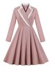 Vintage Kleider Rosa 50er jahre mode Polyester Langarm Rockabilly kleid mit Umlegekragen Kleider knielang
