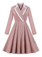 Vintage Kleider Rosa 50er jahre mode Polyester Langarm Rockabilly kleid mit Umlegekragen Kleider knielang