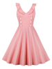 Vintage Kleider Rosa mit Knöpfen 50er jahre mode Rockabilly kleid ärmellos Kleider V-Ausschnitt Baumwolle im altmodischen Stil Damenmode für Sommer