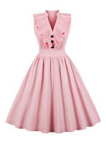 Vintage Kleider Rosa mit Knöpfen 50er jahre mode Rockabilly kleid ärmellos Kleider V-Ausschnitt Baumwolle im eleganten Stil Damenmode für Sommer