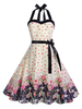 Vintage Kleider Rosa mit Printmuster 50er jahre mode Rockabilly kleid und Schleife Kleider ärmellos und Halter Polyester im altmodischen Stil
