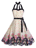Vintage Kleider Rosa mit Printmuster 50er jahre mode Rockabilly kleid und Schleife Kleider ärmellos und Halter Polyester im altmodischen Stil