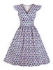 Vintage Kleider Rosa mit Printmuster 50er jahre mode und Falten Kurzarm V-Ausschnitt Polyester im Retro-Style knielang