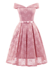 Vintage Kleider Rosa mit Schleife 50er jahre mode Rockabilly kleid Kurzarm Kleider und Carmenausschnitt Spitze im Retro-Style Damenmode mittellang