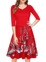 Vintage Kleider Rot 1/2 Ärmel 50er jahre mode Rockabilly kleid V-Ausschnitt Kleider Baumwolle im Retro-Style und Frühling Damenmode