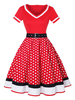 Vintage Kleider Rot 50er jahre mode Baumwolle Kurzarm Rockabilly kleid V-Ausschnitt Kleider und Sommer Damenmode