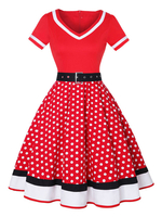 Vintage Kleider Rot 50er jahre mode Baumwolle Kurzarm Rockabilly kleid V-Ausschnitt Kleider und Sommer Damenmode