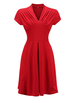 Vintage Kleider Rot 50er jahre mode mit Falten gemischten Baumwollen Rockabilly kleid Kurzarm Kleider V-Ausschnitt für Sommer Damenmode