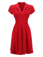 Vintage Kleider Rot 50er jahre mode mit Falten gemischten Baumwollen Rockabilly kleid Kurzarm Kleider V-Ausschnitt für Sommer Damenmode