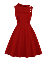 Vintage Kleider Rot mit Falten 50er jahre mode Rockabilly kleid ärmellos Kleider und Rundkragen Baumwolle im altmodischen Stil Damenmode für Sommer