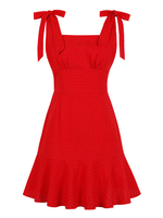 Vintage Kleider Rot mit Falten Baumwolle Rockabilly kleid ärmellos Kleider viereckiger Ausschnitt knielang