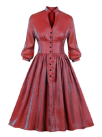 Vintage Kleider Rot mit Farbverlauf 50er jahre mode Rockabilly kleid Langarm V-Ausschnitt Polyester im Retro-Style mittellang