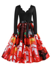 Vintage Kleider Rot Weihnachten-Motiv 50er jahre mode Rockabilly kleid Langarm Kleider V-Ausschnitt Polyester im Retro-Style