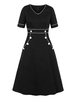 Vintage Kleider Schwarz 50er jahre mode mit Knöpfen Polyester Rockabilly kleid Kurzarm Kleider V-Ausschnitt knielang