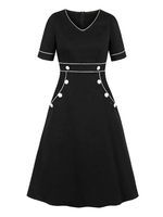 Vintage Kleider Schwarz 50er jahre mode mit Knöpfen Polyester Rockabilly kleid Kurzarm Kleider V-Ausschnitt knielang