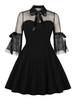 Vintage Kleider Schwarz 50er jahre mode mit Schleife Spitze Rockabilly kleid 1/2 Ärmel Kleider und Umlegekragen und figurbetonendem Design Damenmode