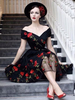 Vintage Kleider Schwarz 50er jahre mode mit Stickereien Tüll Rockabilly kleid Kurzarm Kleider und Carmenausschnitt Blumen Damenmode für Sommer