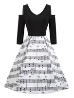 Vintage Kleider Schwarz 50er jahre mode Polyester 1/2 Ärmel Rockabilly kleid V-Ausschnitt Kleider mit schulterfreies Design knielang