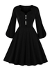 Vintage Kleider Schwarz Langarm 50er jahre mode Rockabilly kleid V-Ausschnitt Kleider Polyester knielang und Sommer und Winter und Frühling