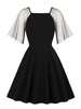 Vintage Kleider Schwarz mit Falten 50er jahre mode Kurzarm viereckiger Ausschnitt Polyester im eleganten Stil knielang