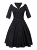 Vintage Kleider Schwarz mit Farbblock 50er jahre mode 1/2 Ärmel V-Ausschnitt Polyester im femininen Style