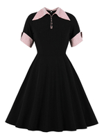 Vintage Kleider Schwarz mit Farbblock 50er jahre mode Rockabilly kleid Kurzarm und Umlegekragen Polyester im Retro-Style