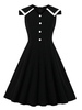Vintage Kleider Schwarz mit Farbblock 50er jahre mode Rockabilly kleid ärmellos und Umlegekragen Polyester im Retro-Style