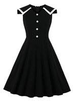 Vintage Kleider Schwarz mit Farbblock 50er jahre mode Rockabilly kleid ärmellos und Umlegekragen Polyester im Retro-Style