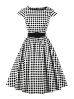 Vintage Kleider Schwarz mit Plaidmuster 50er jahre mode Rockabilly kleid und Gürtel Kleider Kurzarm und Rundkragen Baumwolle im Retro-Style