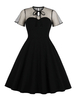 Vintage Kleider Schwarz mit Polka-Tupfen 50er jahre mode Rockabilly kleid Cutouts Kleider Kurzarm und Rundkragen Polyester im altmodischen Stil