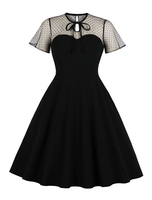 Vintage Kleider Schwarz mit Polka-Tupfen 50er jahre mode Rockabilly kleid Cutouts Kleider Kurzarm und Rundkragen Polyester im altmodischen Stil