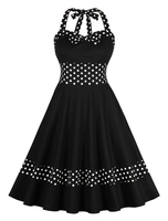 Vintage Kleider Schwarz mit Polka-Tupfen 50er jahre mode Rockabilly kleid und Schleife Kleider ärmellos und Halter Baumwolle im altmodischen Stil